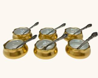 Set of 6 Gilt Salt Cellars with Sterling Silver Spoons