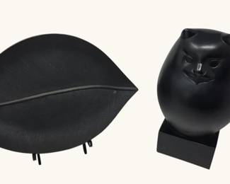 Decorative Sculptures  Crate  Barrel Leaf Dish and Signed Cat Sculpture