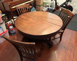 Vintage Round Pedestal Table with 3 Solid Wood Slat Back Chairs