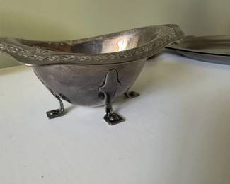Silver Plated Candy Net Bowl Stamped 9056, 6” Long with Claw Feet