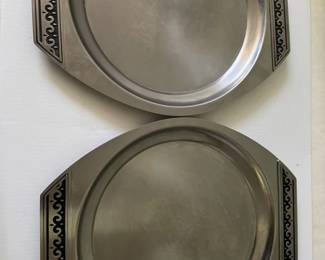 Set of 2 International Silver Pewter Holloware Stainless Steel Serving Treys 14.5” X 12”