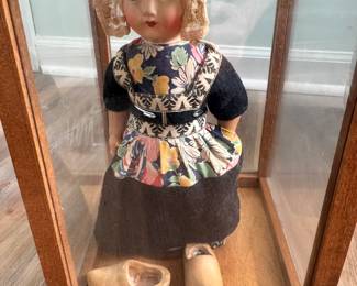 Antique Dutch Bisque Head Glass Eyes with Ethnic Costume in Glass Case