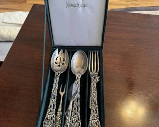 Vintage Neiman Marcus Godinger Silverplate Three-piece Serving Set in grape and vine design in the original case