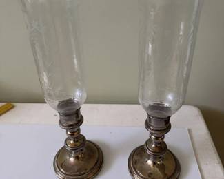 Frank M Whiting Sterling Silver Weighted Candle Holders with Engraved Globes # 2329