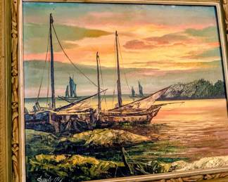 Vintage Framed Art Coastal Asiatic Harbor Painting