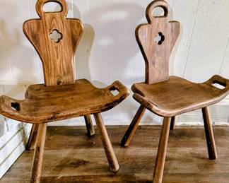 Two Antique Primitive Wooden Birthing Chairs