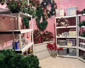 Christmas wreaths, garlands, centerpieces, and misc bins