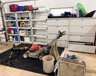 File cabinets, Red Wing Pottery Jug, lawn mower, leaf blower, lawn trimmer
