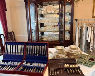 China cabinet with waterford crystal and pickard china, flatware sets, holiday china
