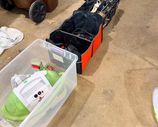 bissel little green machine, jumper cables, car bin, tool box