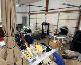 Outdoor umbrella, furniture, deck shepherd hooks, paint supplies, extension cords, treadmill, PING golf bags and travel bags