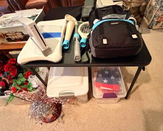 Wii and it's accessories, 4th of july bins of assorted items.