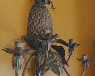 Vintage Gold Gilt Pineapple 4 Candle Italian  Style Metal Wall Sconce