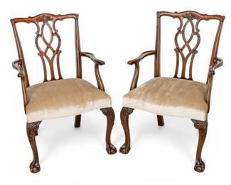 Lot 50 Chippendale Style Mahogany Dining Arm Chairs 20th C., H 38" W 24" Depth 19.5" 1 PAIR