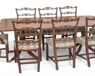 Lot 48 Carved Mahogany and Printed Leopard Uholstery Dining Chairs (8) and Table 9 PCS