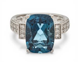 Lot 8 8.5 Carat London Blue Topaz, Diamond, and 14k White Gold Ring Size 5.5 6 g