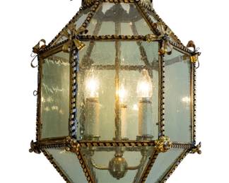 Lot 28 Regency Style Patinated Metal Hexagonal Foyer Lantern, Ca. 1950-1960, H 24" Depth 15"