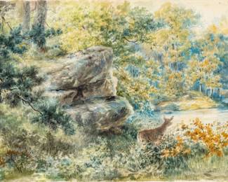 Lot 1004 Edmund Henry Osthaus (American, 1858-1928) Watercolor on Paper 1888, 'Deer in an Ohio Landscape', H 12" W 23"
