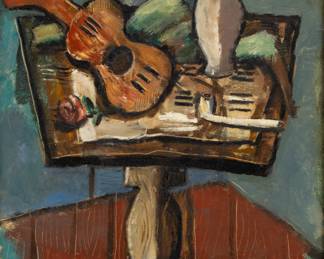 Lot 1049 Edgar Louis Yaeger (American, 1904-1997) Cubist Style Oil on Canvas 1933, 'Still Life with Guitar, Rose, Pipe, and Vase', H 27.5" W 20" Frame Size: H