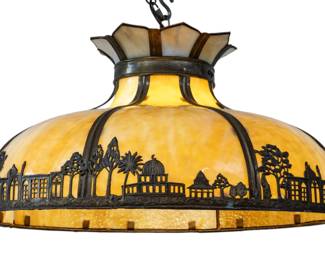 Lot 26 Attributed to Bradley & Hubbard Bent Slag Glass Hanging Shade 1910-1920, H 12" Dia. 22"