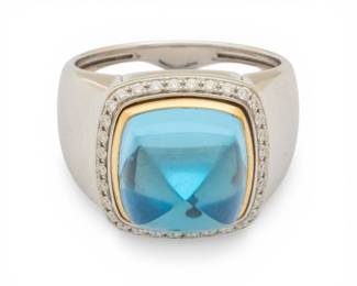 Lot 10 Fred, 9.4 Ct Sugarloaf Swiss Blue Topaz and 18kt White Gold Pain De Sucre Medium Model Customizable Ring Size 6.5 16.77 g