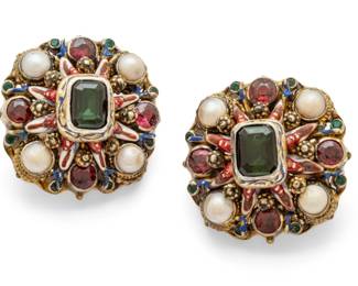 Lot 13 Austro Hungary Earrings: Tourmaline, Garnet, Pearl, Enamel 1880, 27 g 1 PAIR