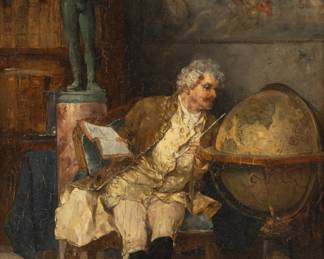 Lot 1008 Paul Burmeister (German, 1847-1923) Oil on Cradled Panel, Ca. 1880s, 'Around the Globe', H 10.25" W 7.5"