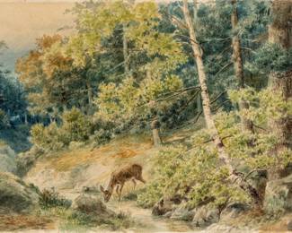 Lot 1005 Edmund Henry Osthaus (American, 1858-1928) Watercolor on Paper 1888, 'Two Deer in an Ohio Landscape', H 12" W 23"