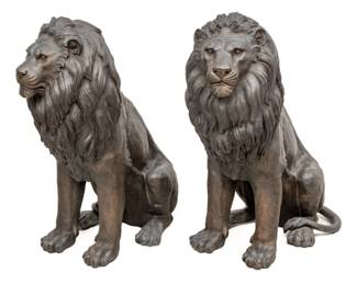 Lot 1016 Fine Pair of Monumental Bronze Guardian Lions 20th C., H 54" W 42" Depth 21" 1 PAIR