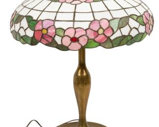 Lot 22 Lamb Brothers (American) Leaded and Stained-glass Shade Lamp, Ca. 1920, 'Dogwood Pattern', H 23" Dia. 19" 1 PC