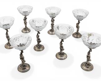 Lot 44 Italy, 800 Silver and Crystal Baccus Coupe Champagnes, Unique 1900, H 7" 8 PCS