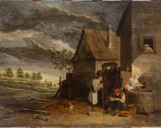 Lot 1001 In the Manner of David Teniers the Younger (Flemish, 1610-1690) Oil on Panel, Ca. 17th/18TH C., 'Village Scene with a Man Eating Mussels', H 15.5" W 2
