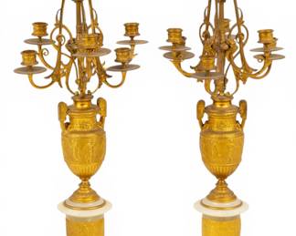 Lot 34 French Neoclassical Gilt Bronze, Gilt Metal and Onyx Candelabrum, Ca. 1840-60, H 25" W 11" 1 PAIR