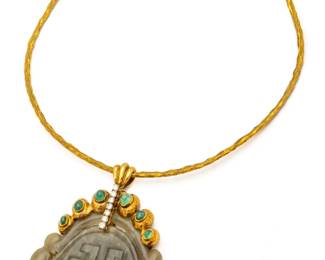 Lot 2 Diamond, Emerald, Jade and 18K Gold Necklace with Pendant L 7.5" Dia. 5" 2.5 t oz 1 PC