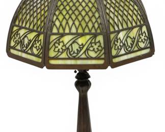Lot 21 Bradley & Hubbard (American) Slag Glass and Metal Filigree 8 Panel Table Lamp, Ca. Early 20th C., H 23" Dia. 15"