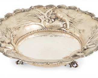 Lot 39 925 Sterling Silver Round Centerpiece, Squirrels, Birds & Mice in Relief 1900, H 2.5" Dia. 9.2" 10.6 t oz 1 PC