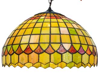 Lot 25 American Leaded and Slag Glass Hanging Shade 1960, H 14" Dia. 20"