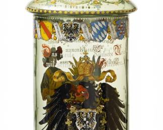 Lot 35 German Imperial Green Enameled Glass Eagle Beaker with Cover 1888, H 19" Dia. 7" 1 PC