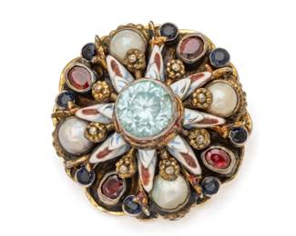 Lot 15 Austro Hungary Brooch: Zircon, Pearls, Garnets, Silver 1880, Dia. 1" 12 g 1 PC