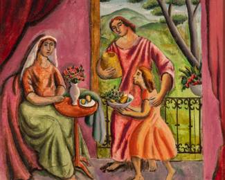 Lot 1051 Edgar Louis Yaeger (American, 1904-1997) Oil on Canvas, 1938, 'A Mediterranean Lunch', H 24" W 26"