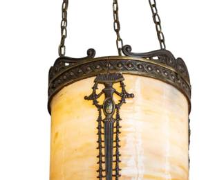 Lot 29 American Art Deco Period Bent Slag Glass Foyer Pendant Light 1920-1930, H 12" Dia. 8.5"