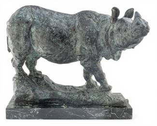 Lot 1022 Sharon Sommers (American / MI, 1938-2008) Bronze Sculpture 1980, 'Rhinoceros', SN: 1/20, H 10.5" W 8.5" L 15.5"