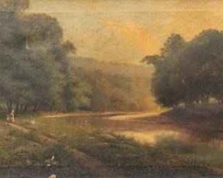 Lot 1009 J. C. MacGregor (American, 19th C.) Oil on Canvas, Ca. 19th C., 'Riverscape with Figures', H 21" W 33"