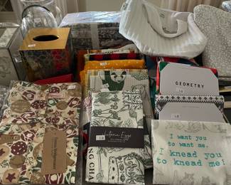 Kitchen linens by Emma Bridgewater, Victoria Eggs, Geometry, and others.