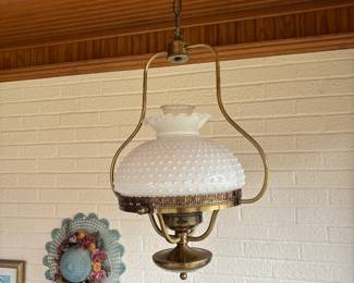 Vintage milk glass hobnail hanging light.
