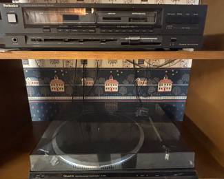 Technics turntable; Technics stereo receiver; Kenwood speakers.