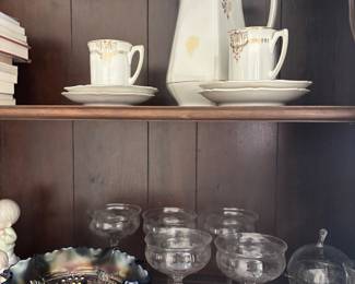 Bavarian teapot, cups and saucers; nice selection of vintage glassware; carnival glass bowl.
