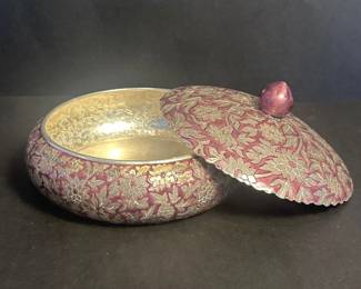 j Silver Plate Repouss Floral Lidded Trinket Box Burgundy Enamel