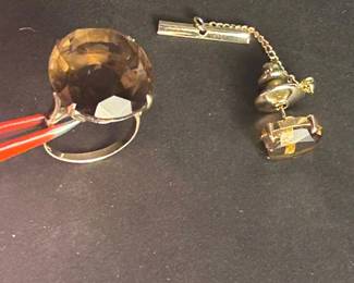 f 14K Gold Smoky Quartz Ring  Tie Tack Set