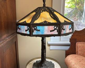 Vintage Slag Glass Bronze Table Lamp